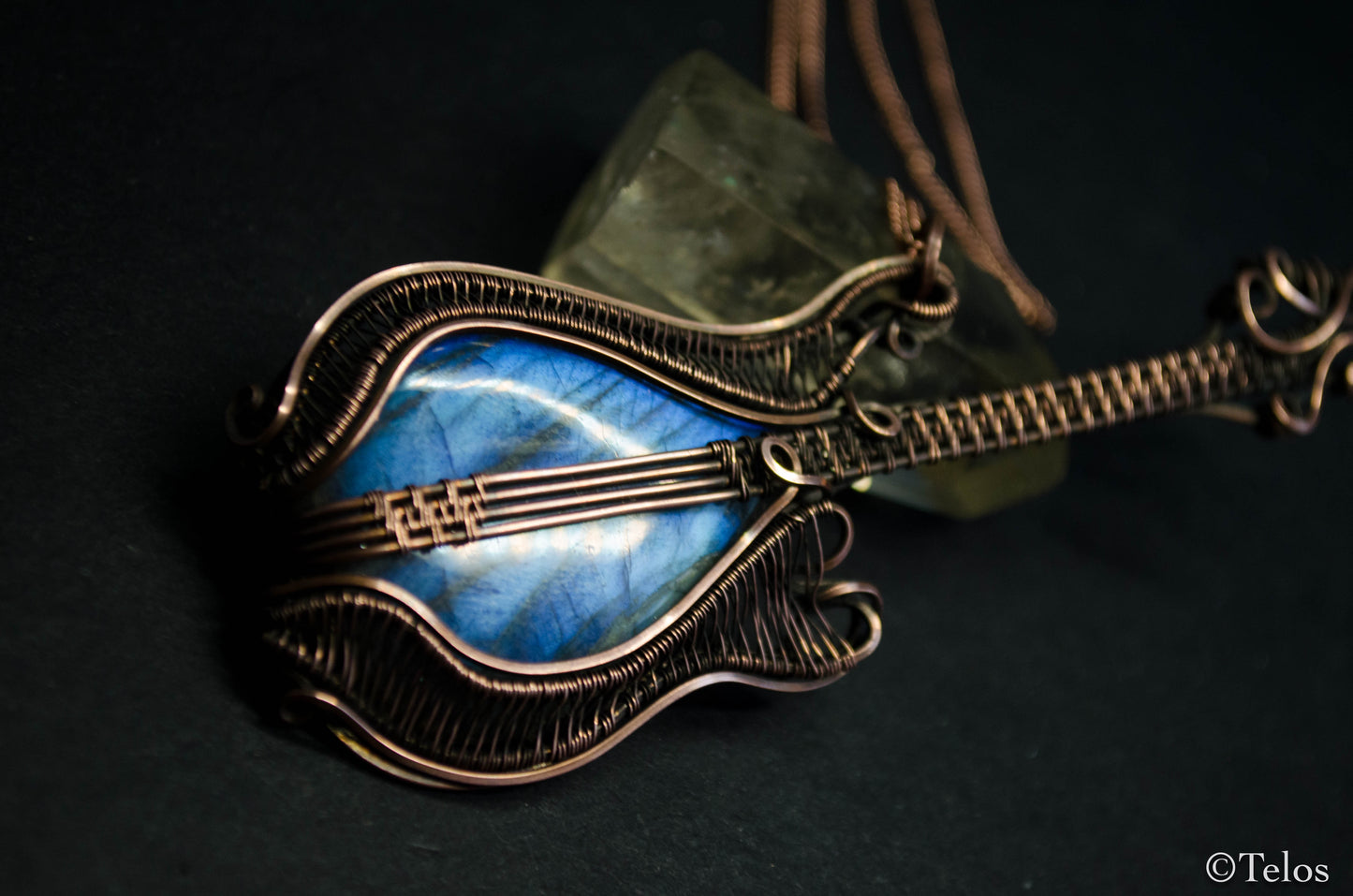 Antiqued copper Labradorite bass guitar necklace
