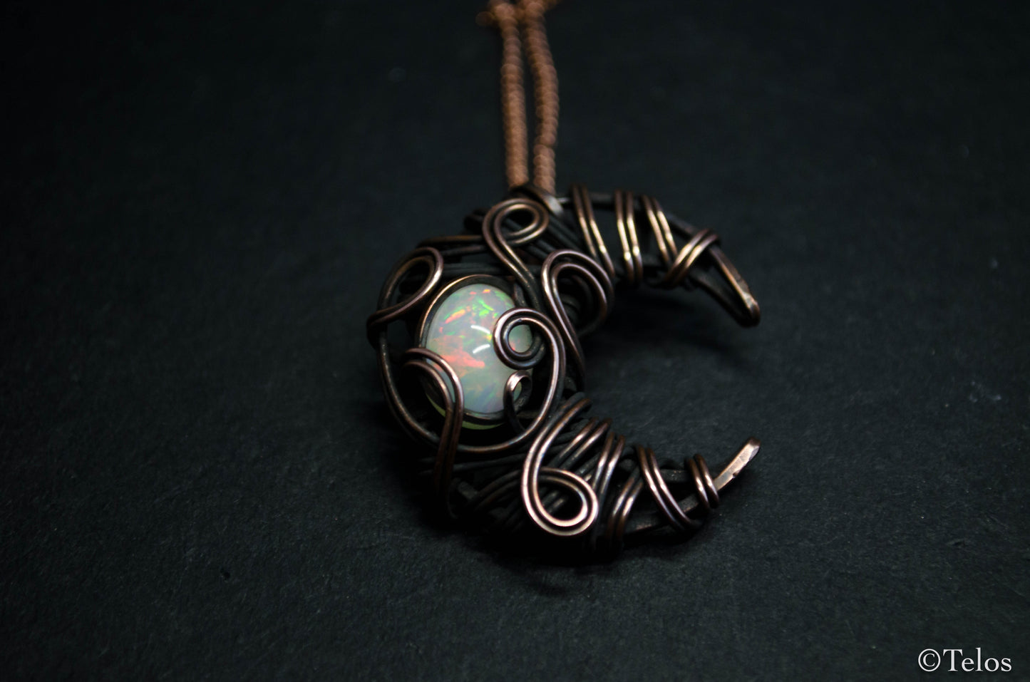 Antiqued Copper Opal Crescent Moon Necklace