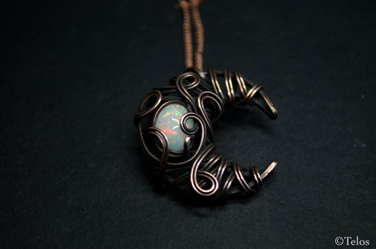 Antiqued Copper Opal Crescent Moon Necklace