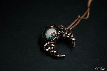 Antiqued Copper Opal Crescent Moon Necklace
