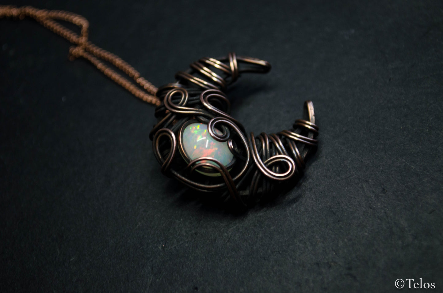 Antiqued Copper Opal Crescent Moon Necklace
