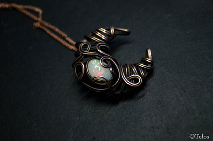 Antiqued Copper Opal Crescent Moon Necklace