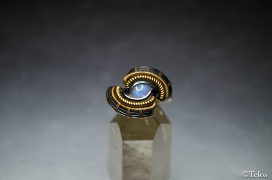 Rainbow Moonstone Sterling Silver and 14k gold fill Dragon eye ring