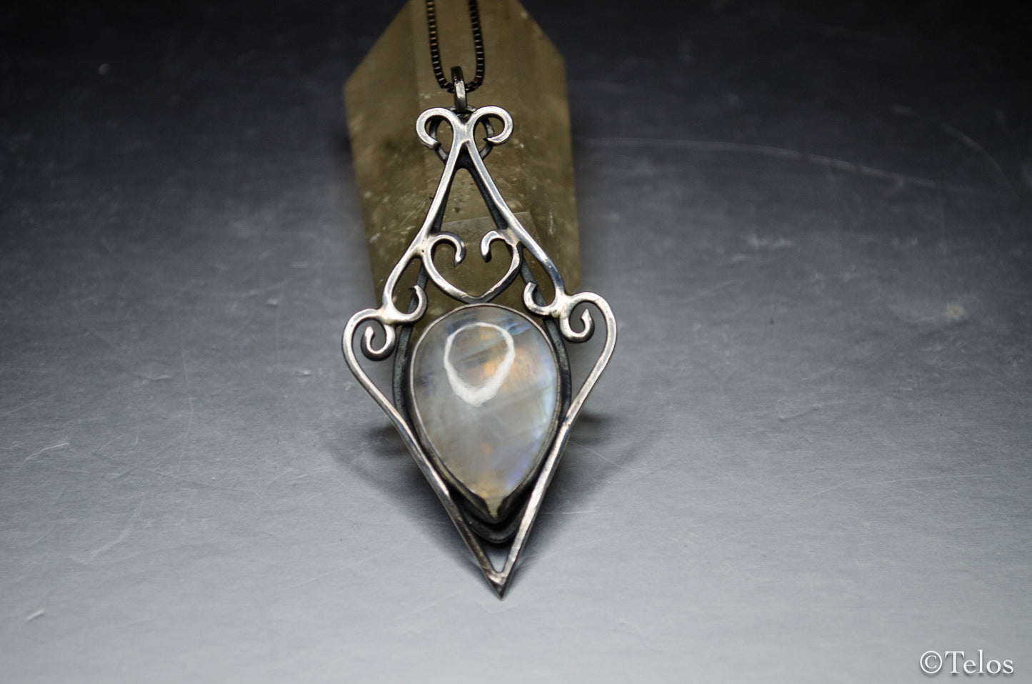 Rainbow Moonstone sterling silver elven pendant