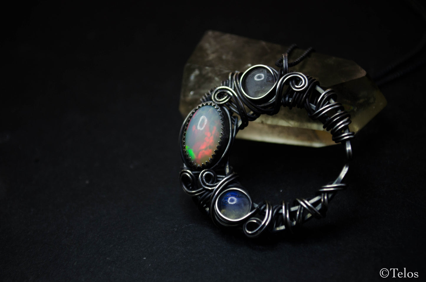 Sterling Silver Opal crescent moon necklace